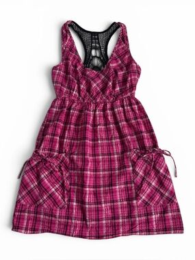 Decree Grungey Studded Pink & Black Plaid Dress with Crochet Racerback Design